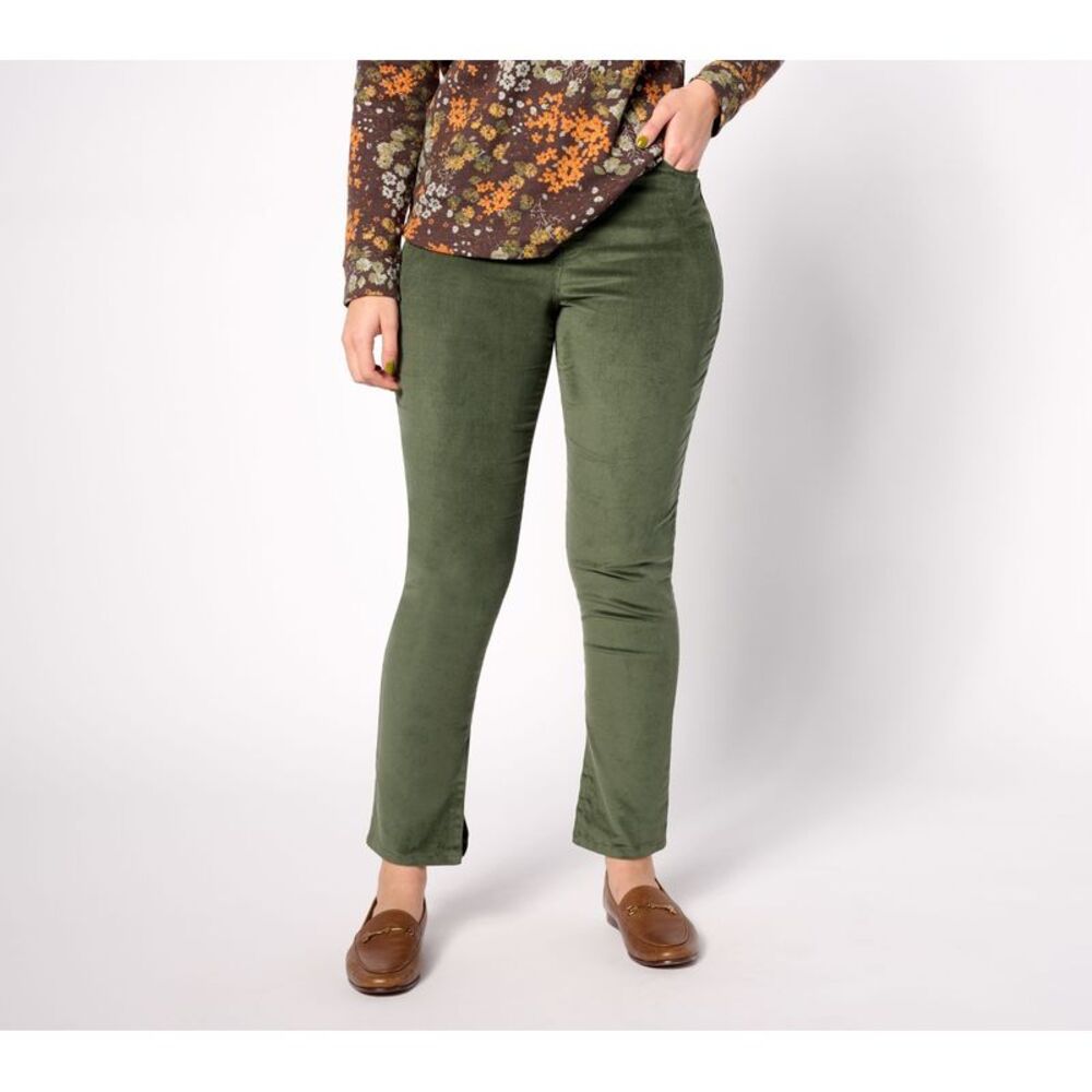 Denim & Co. Women's Pants Sz 6 Adaptive Slim Straight Corduroy Pant Green